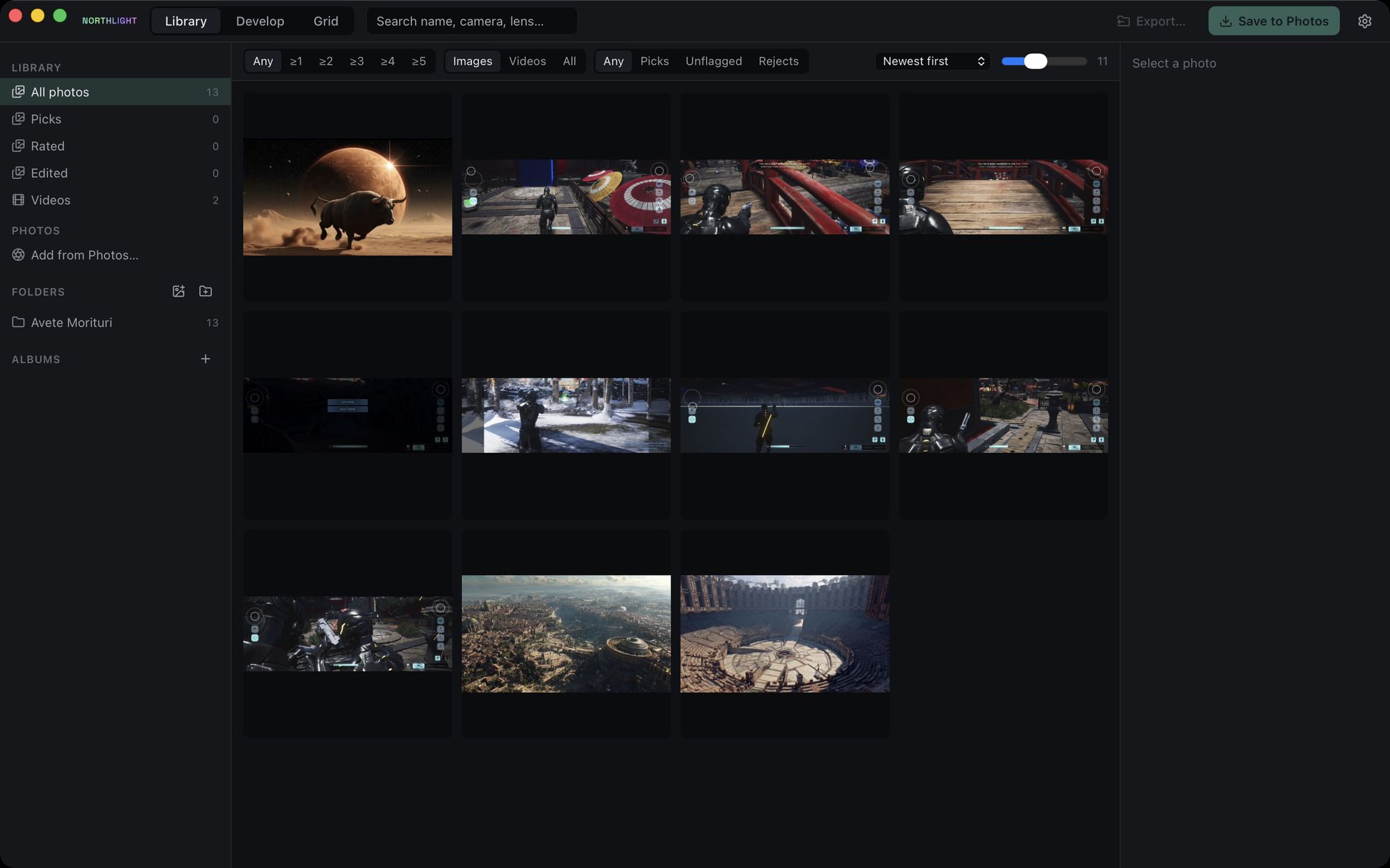 Library: Every photo and video in one place, filtered by rating, flag and kind. Your folders, nothing copied.