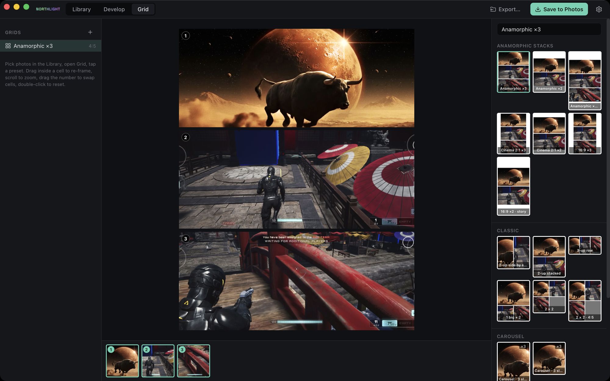 Grids: Three stills stacked anamorphic into one 4:5 post. Drag inside a cell to re-frame; one tap saves it to Photos.